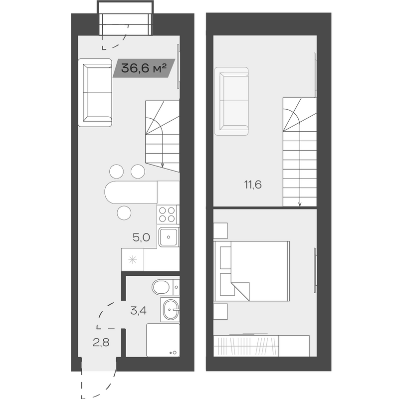 Планировка своб. план. 36.64 м² в ЖК «Freedom Village»