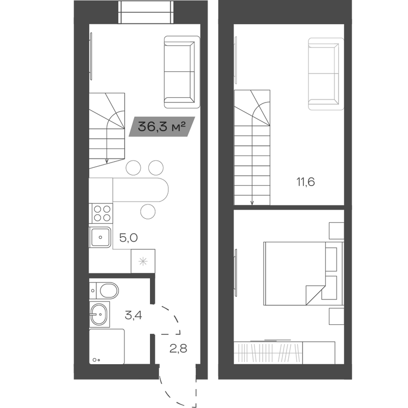 Планировка своб. план. 36.33 м² в ЖК «Freedom Village»