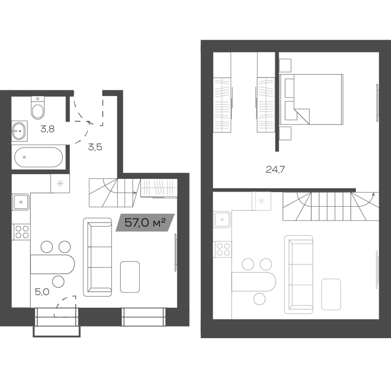 Планировка своб. план. 56.96 м² в ЖК «Freedom Village»