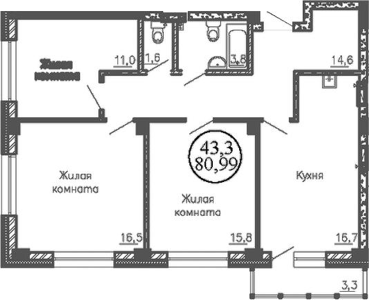 Планировка 3-к.кв 80.00 м² в ЖК «RED FOX»