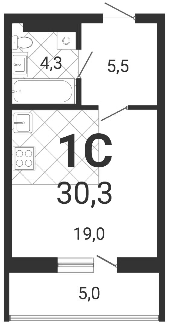 Планировка студии 28.80 м² в ЖК «Тетрис»