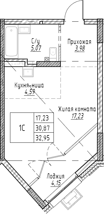 Планировка студии 32.94 м² в ЖК «Рафинад»