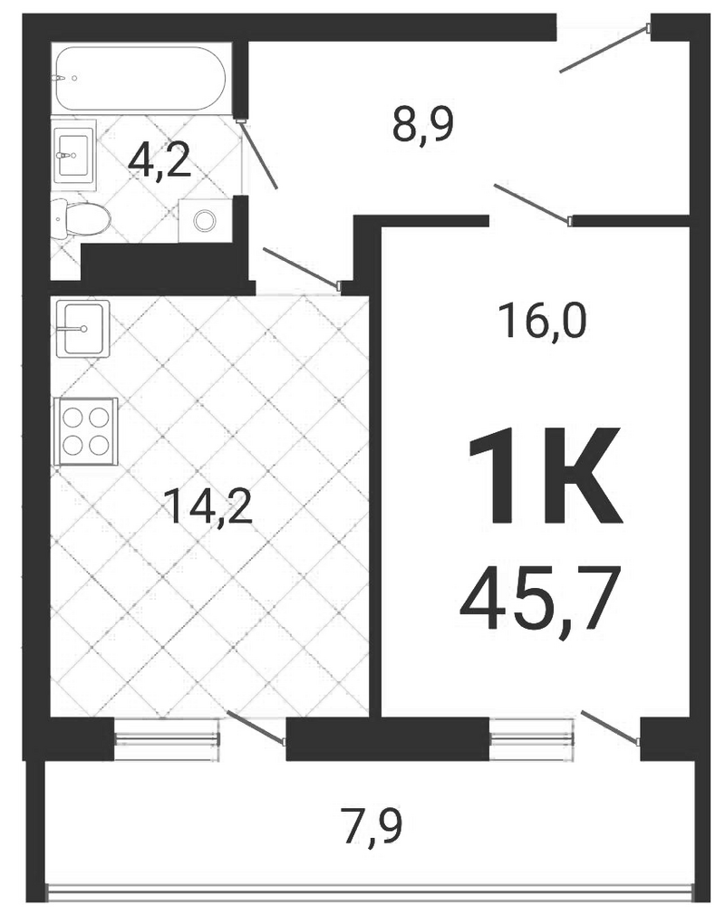 Планировка 1-к.кв 43.33 м² в ЖК «Тетрис»