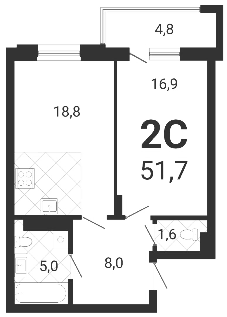 Планировка 2е-к.кв 50.26 м² в ЖК «Тетрис»