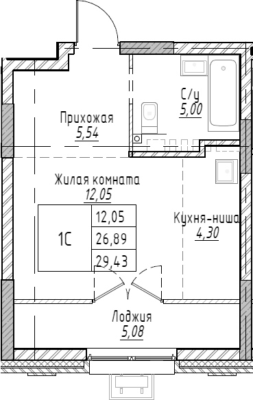 Планировка студии 29.41 м² в ЖК «Рафинад»