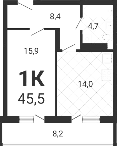 Планировка 1-к.кв 43.04 м² в ЖК «Тетрис»