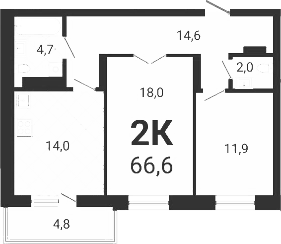 Планировка 2-к.кв 65.16 м² в ЖК «Тетрис»
