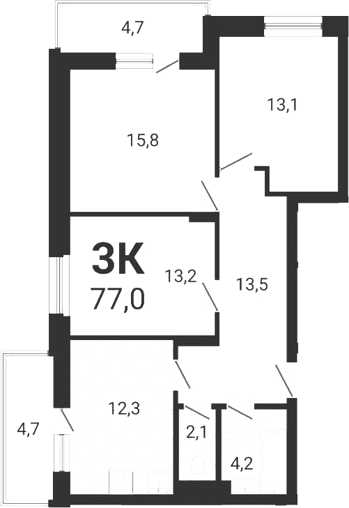 Планировка 3-к.кв 74.18 м² в ЖК «Тетрис»