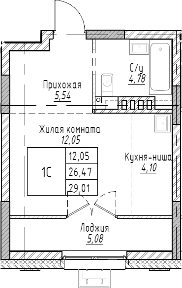 Планировка студии 29.01 м² в ЖК «Рафинад»