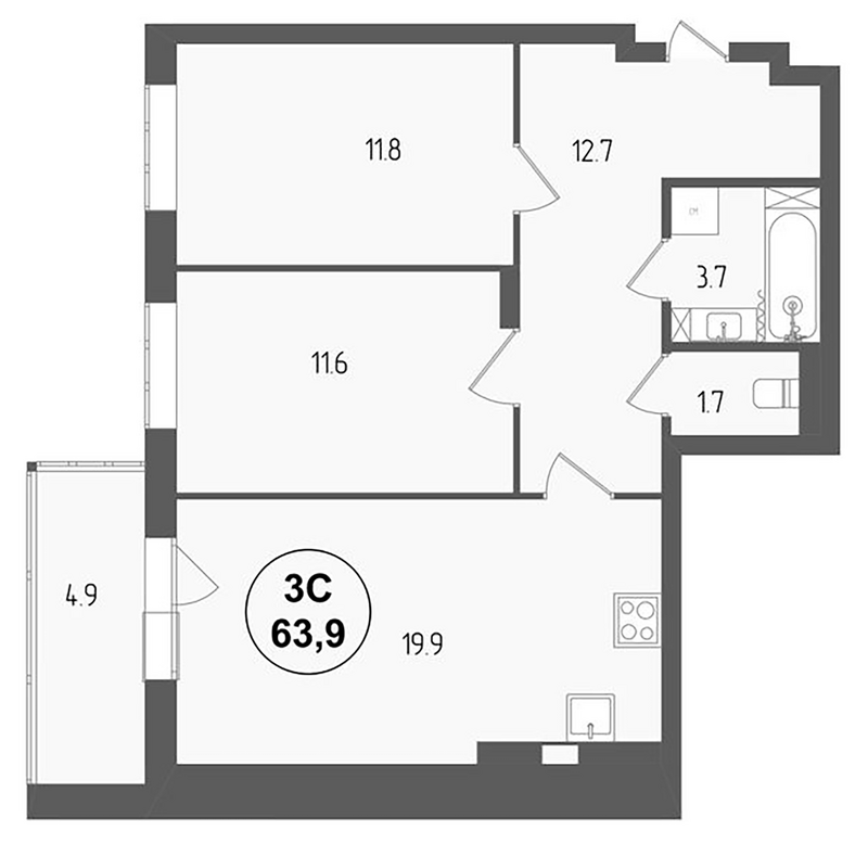 Планировка 3е-к.кв 61.45 м² в ЖК «Тетрис»