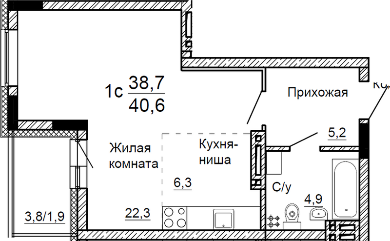Планировка студии 38.70 м² в ЖК «На Петухова»