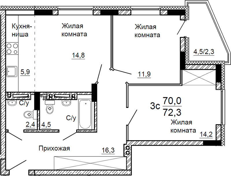 Планировка 3е-к.кв 70.00 м² в ЖК «На Петухова»
