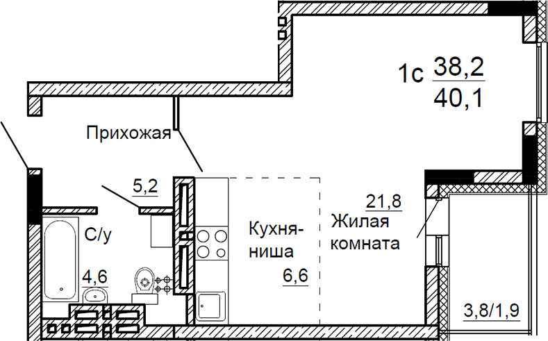 Планировка студии 38.20 м² в ЖК «На Петухова»