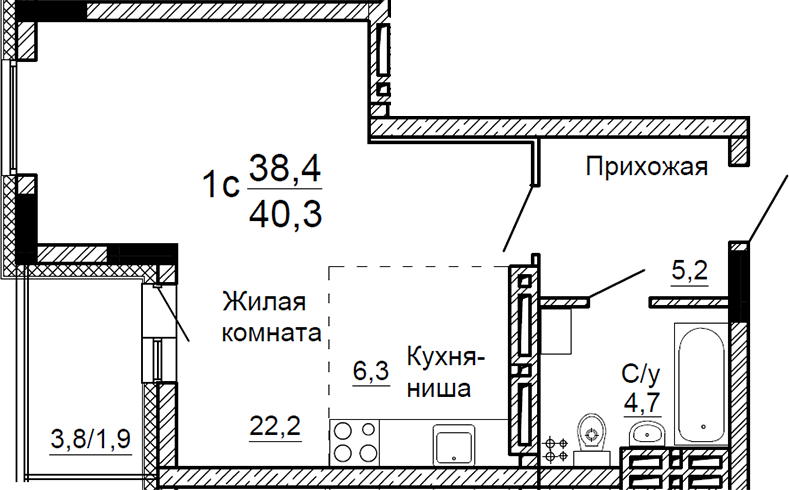 Планировка студии 38.40 м² в ЖК «На Петухова»