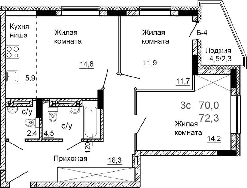Планировка 3е-к.кв 70.05 м² в ЖК «На Петухова»