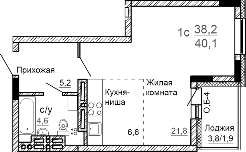 Планировка студии 38.20 м² в ЖК «На Петухова»