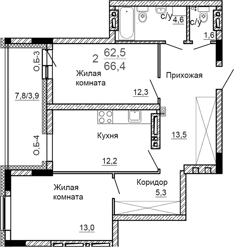 Планировка 2-к.кв 62.50 м² в ЖК «На Петухова»