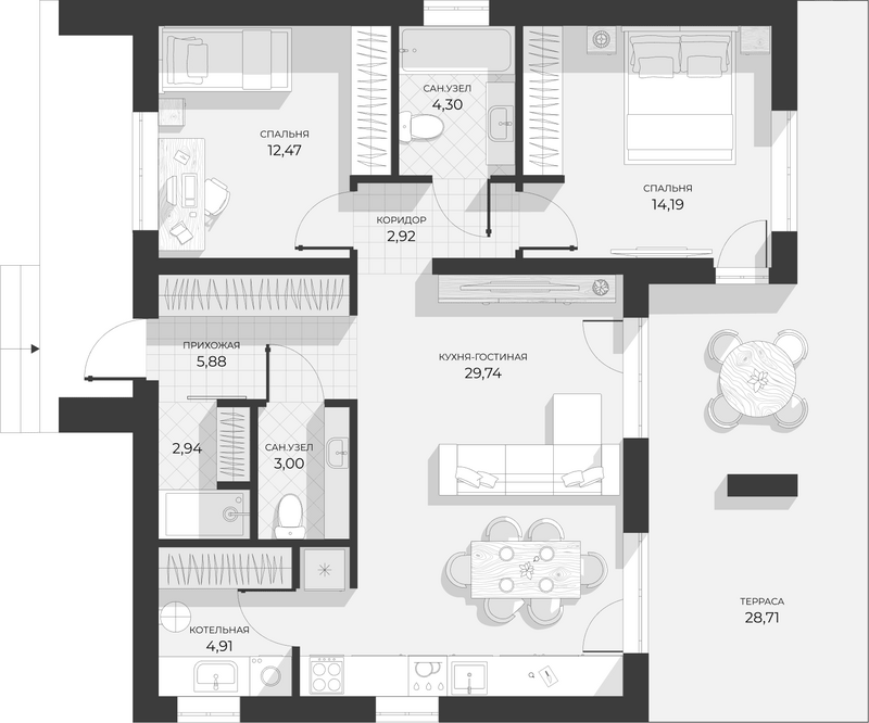Планировка коттеджи 80.00 м² в ЖК «Коттеджный поселок Июль»