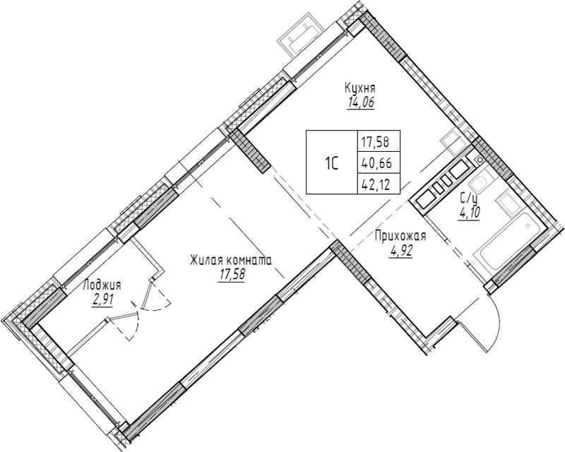 Планировка 1-к.кв 42.11 м² в ЖК «Рафинад»