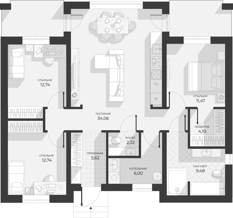 Планировка коттеджи 100.00 м² в ЖК «Коттеджный поселок Июль»