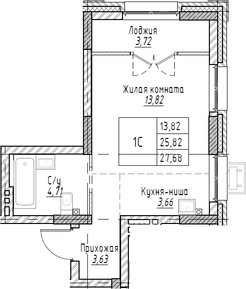 Планировка студии 27.68 м² в ЖК «Рафинад»