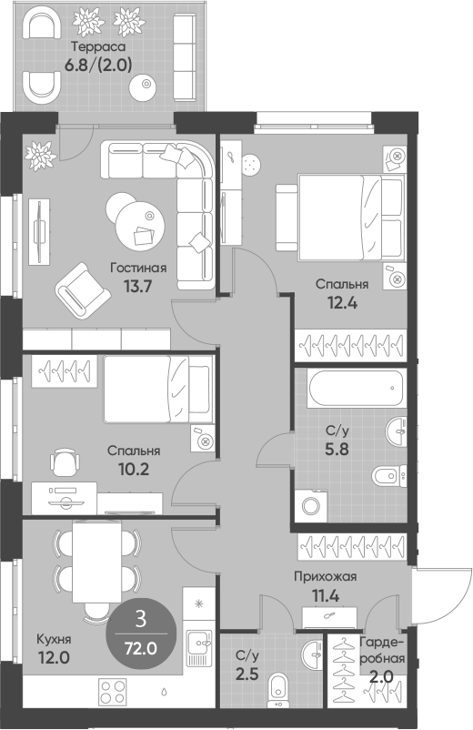 Планировка 3-к.кв 69.90 м² в ЖК «Счастье в Кольцово»