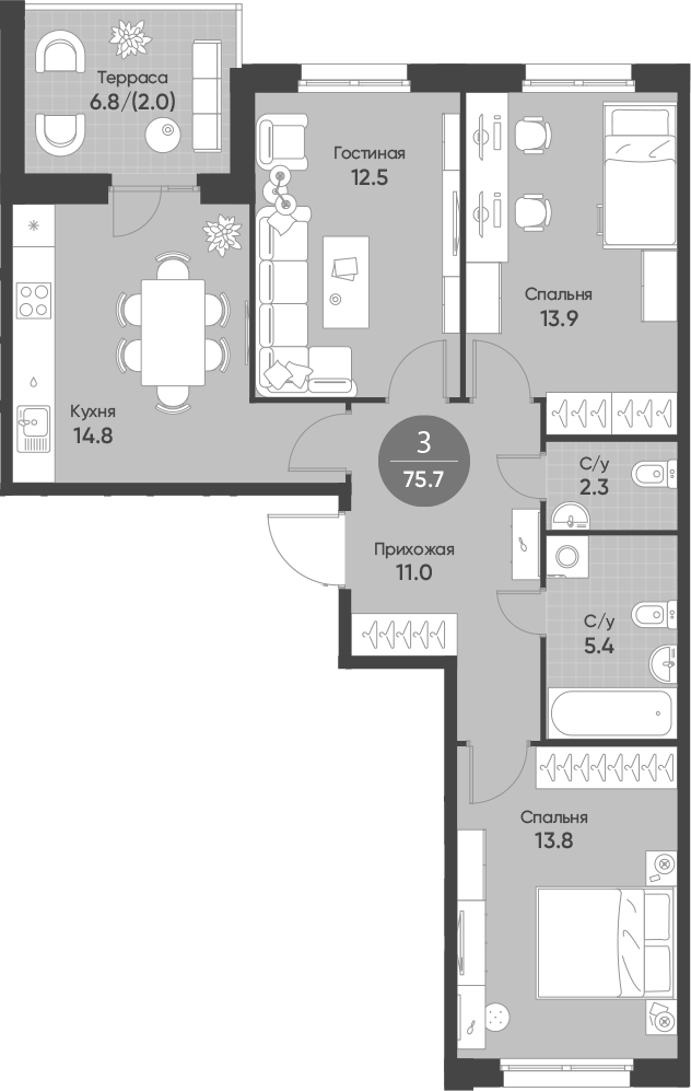 Планировка 3-к.кв 73.60 м² в ЖК «Счастье в Кольцово»