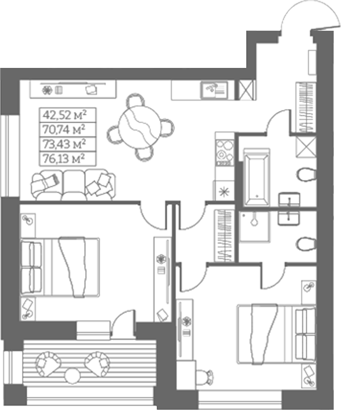Планировка своб. план. 70.74 м² в ЖК «Собрание»