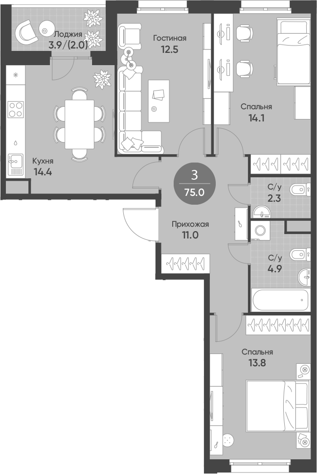 Планировка 3-к.кв 73.00 м² в ЖК «Счастье в Кольцово»
