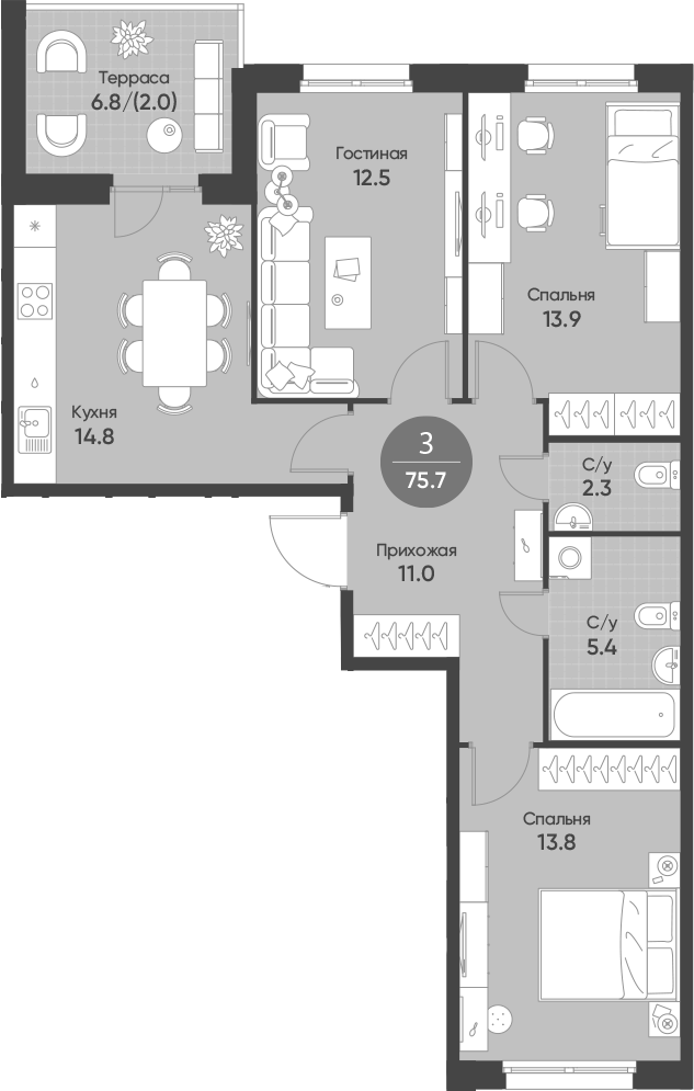 Планировка 3-к.кв 73.70 м² в ЖК «Счастье в Кольцово»