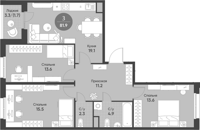 Планировка 3-к.кв 80.20 м² в ЖК «Счастье в Кольцово»