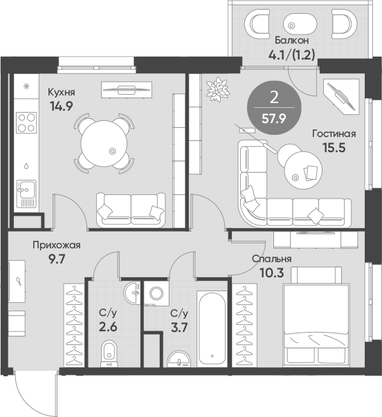 Планировка 2-к.кв 56.70 м² в ЖК «Счастье в Кольцово»
