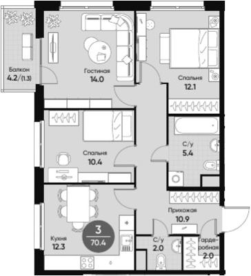 Планировка 3-к.кв 69.10 м² в ЖК «Счастье в Кольцово»