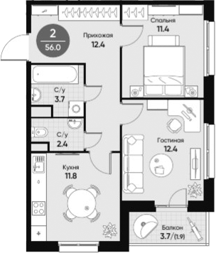 Планировка 2-к.кв 54.10 м² в ЖК «Счастье в Кольцово»