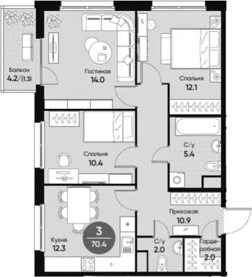Планировка 3-к.кв 69.10 м² в ЖК «Счастье в Кольцово»