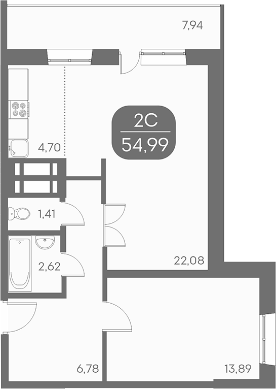 Планировка 2е-к.кв 54.99 м² в ЖК «Аквамарин»