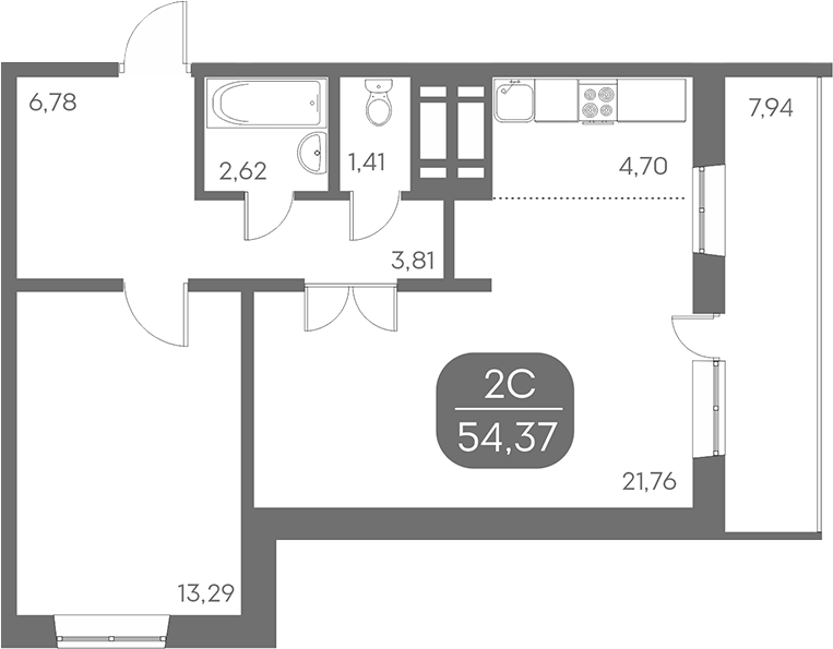 Планировка 2е-к.кв 54.37 м² в ЖК «Аквамарин»