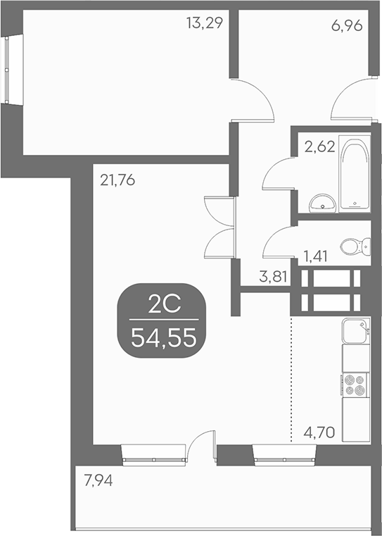 Планировка 2е-к.кв 54.55 м² в ЖК «Аквамарин»