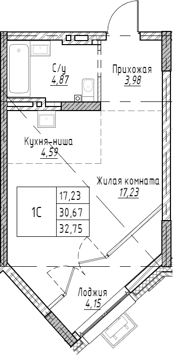 Планировка студии 32.74 м² в ЖК «Рафинад»