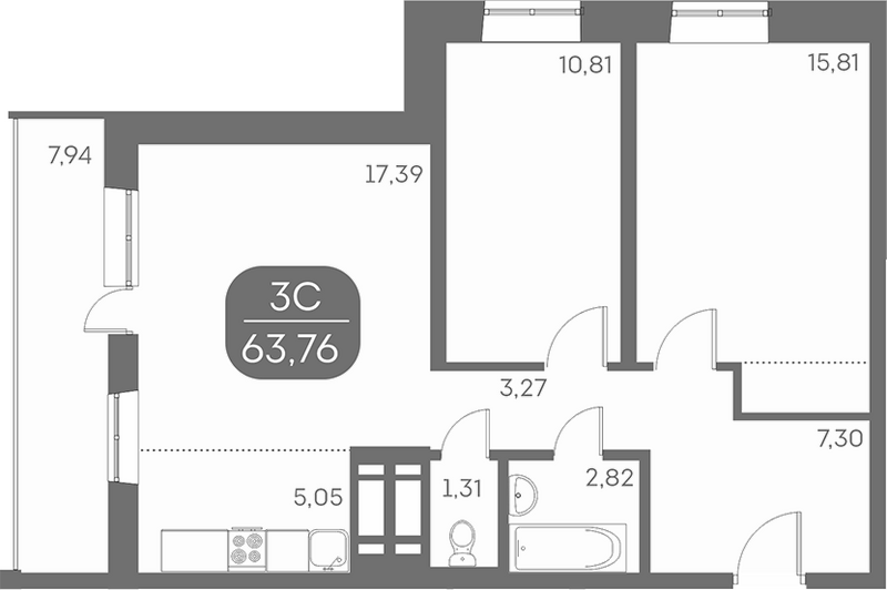 Планировка 3е-к.кв 63.76 м² в ЖК «Аквамарин»