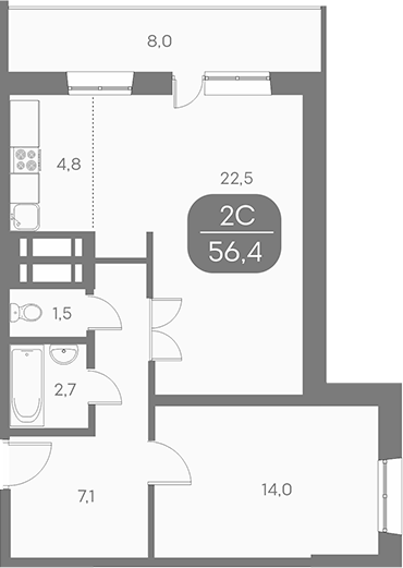 Планировка 2е-к.кв 56.43 м² в ЖК «Аквамарин»