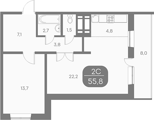 Планировка 2е-к.кв 55.79 м² в ЖК «Аквамарин»