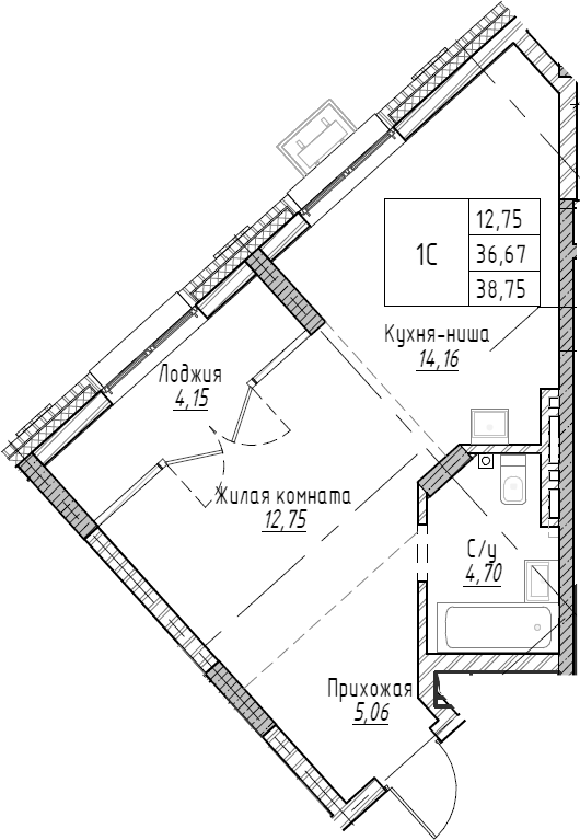 Планировка студии 38.74 м² в ЖК «Рафинад»