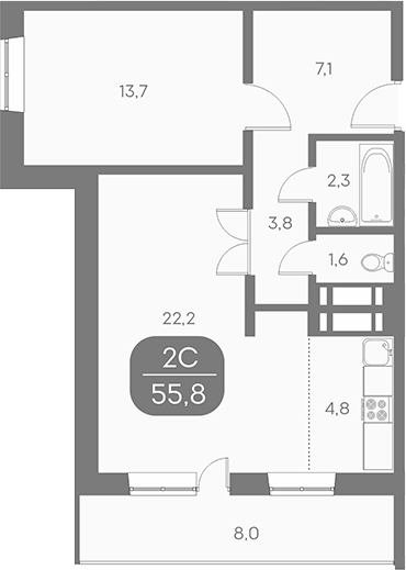 Планировка 2е-к.кв 55.79 м² в ЖК «Аквамарин»