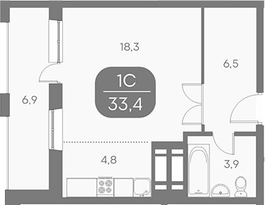 Планировка студии 33.44 м² в ЖК «Аквамарин»