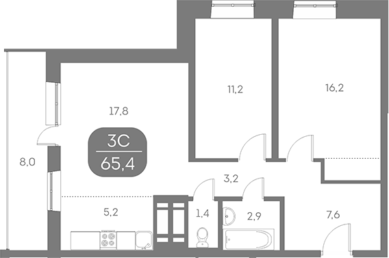 Планировка 3е-к.кв 65.43 м² в ЖК «Аквамарин»