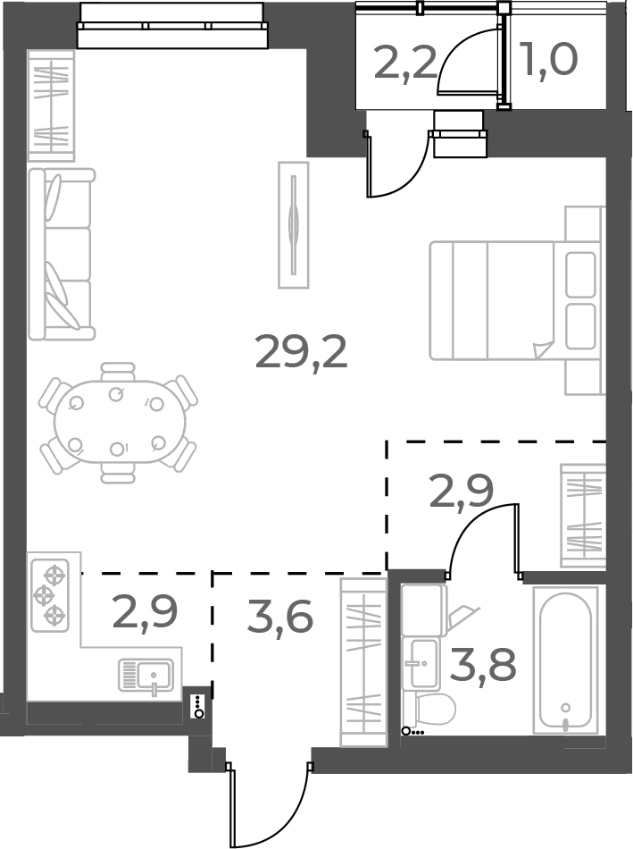 Планировка студии 42.40 м² в ЖК «Нормандия-Неман»