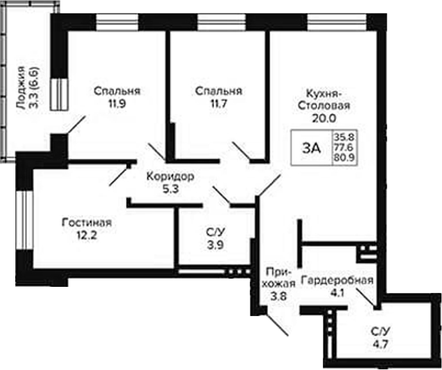 Планировка 3-к.кв 77.60 м² в ЖК «Сподвижники»