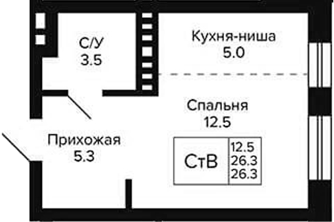 Планировка студии 26.30 м² в ЖК «Сподвижники»