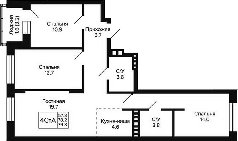 Планировка 4е-к.кв 78.20 м² в ЖК «Сподвижники»